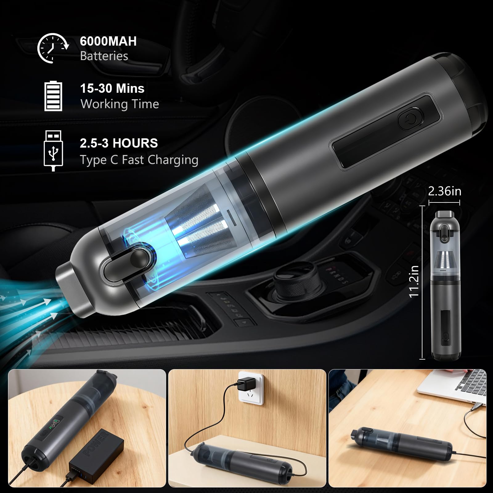 Aspirapolvere portatile per auto, senza fili, 17000Pa 2 in 1, aspirapolvere e spolverino ad aria, motore brushless da 100 W, senza fili, con batteria da 6000 mAh, ugelli multipli per auto, casa