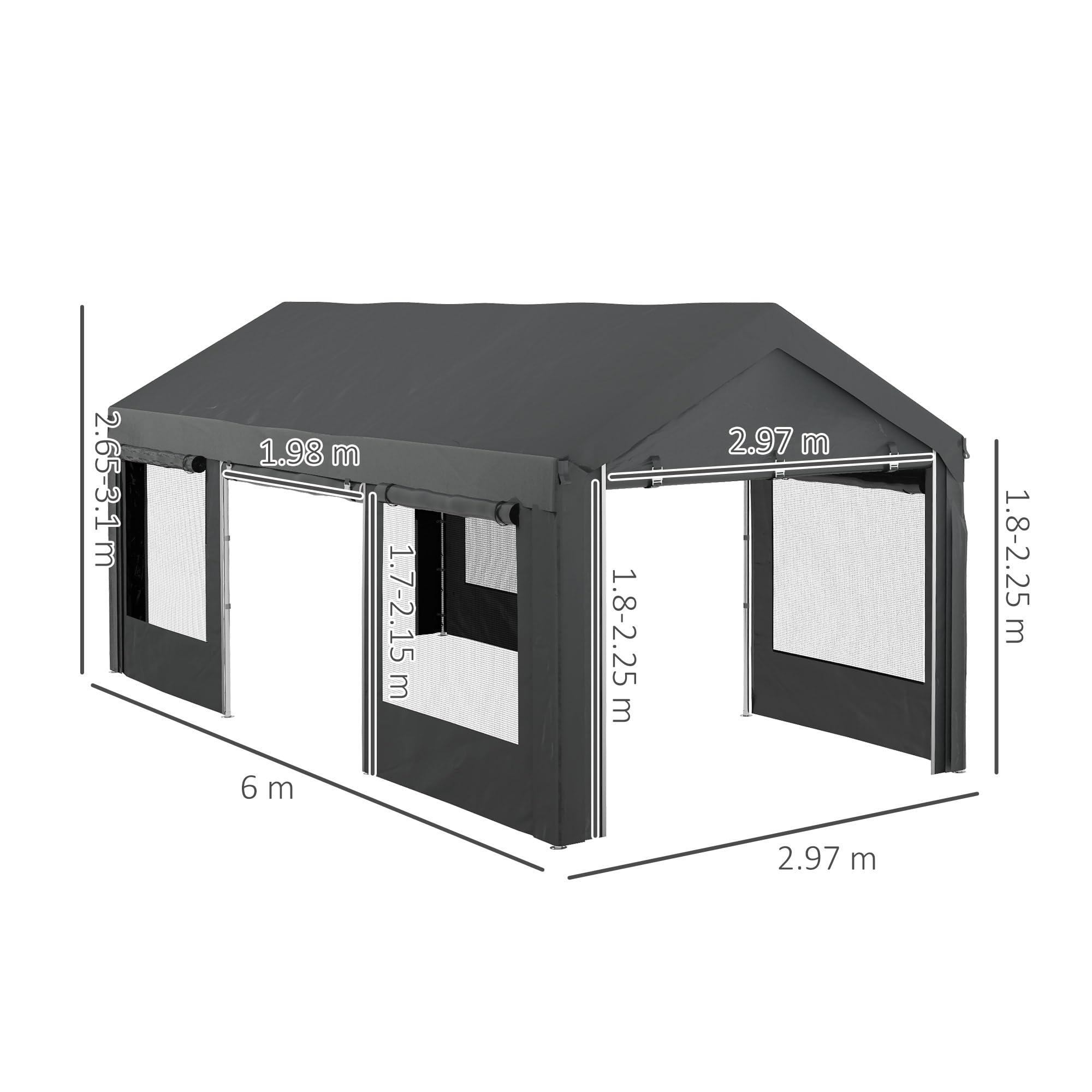 Outsunny Gazebo da Giardino 6x3m Grigio Scuro con Altezza Regolabile Carport Auto 4 Porte 4 Finestre