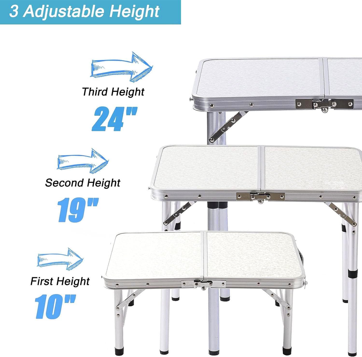 Small Folding Table Portable, 24''L x16''W Foldable Camp Table with 3 Adjustable Height, Indoor Outdoor Lightweight Aluminum for Outdoor Cooking Picnic, (3 Heights)