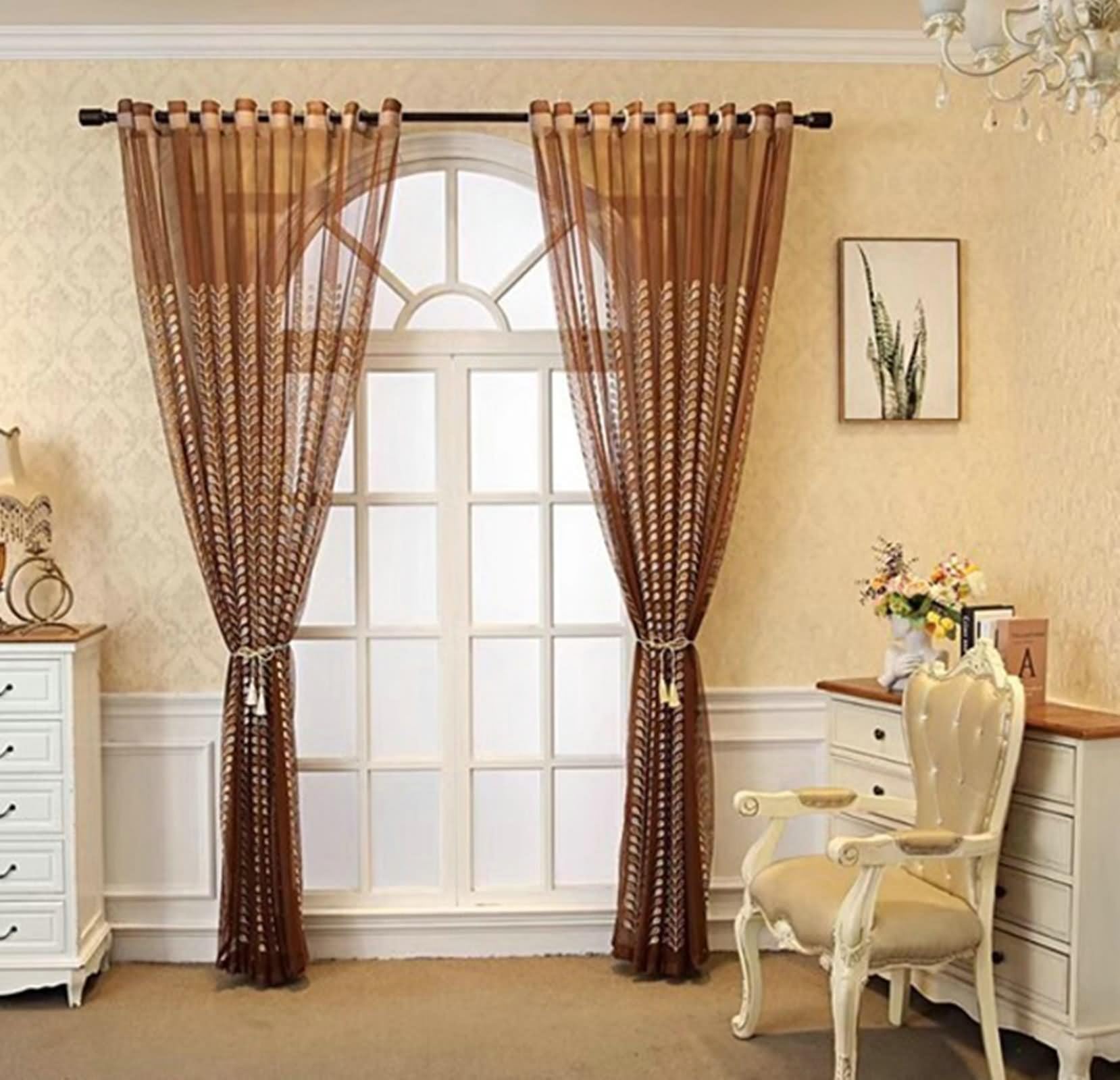 Zasłona okienna, przezroczysta zasłona do salonu kawiarnia półprzezroczysta z poliestrowym haftem w liściach 2 panele 102W x 183L cm