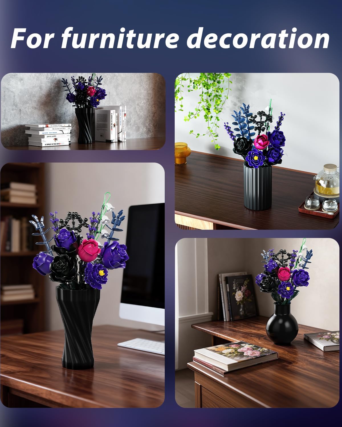 Ideas Purple Flowers Gothic Rose Bouquet, Compatible with Lego Flowers Gift for Adults Women Girls Home Botanical Decoration for Birthday, Mother's Day, Christmas 8-16+ 726PCS