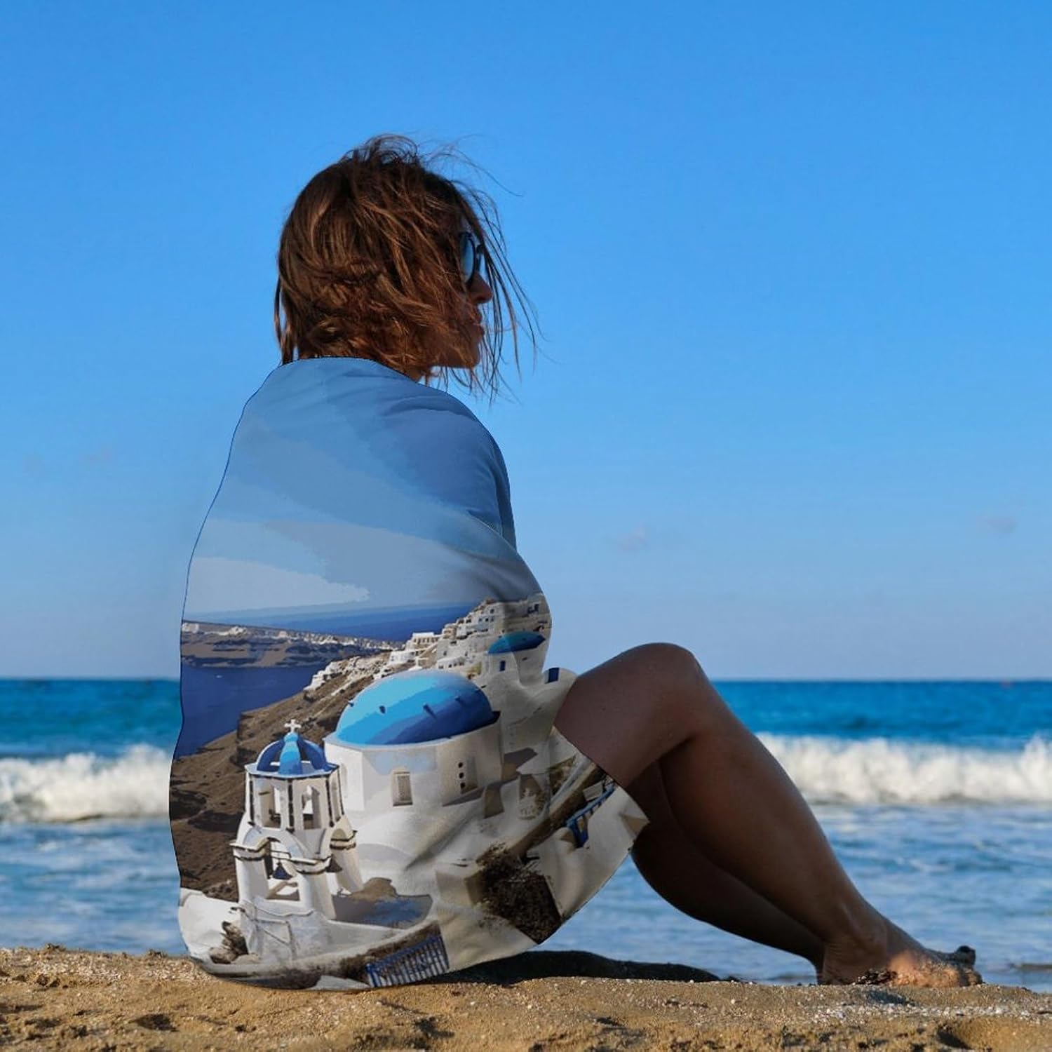 Swimming Towel, Santorini Greek Island Sea View Printed Fashion Towel,Portable Towel,Durable Towel