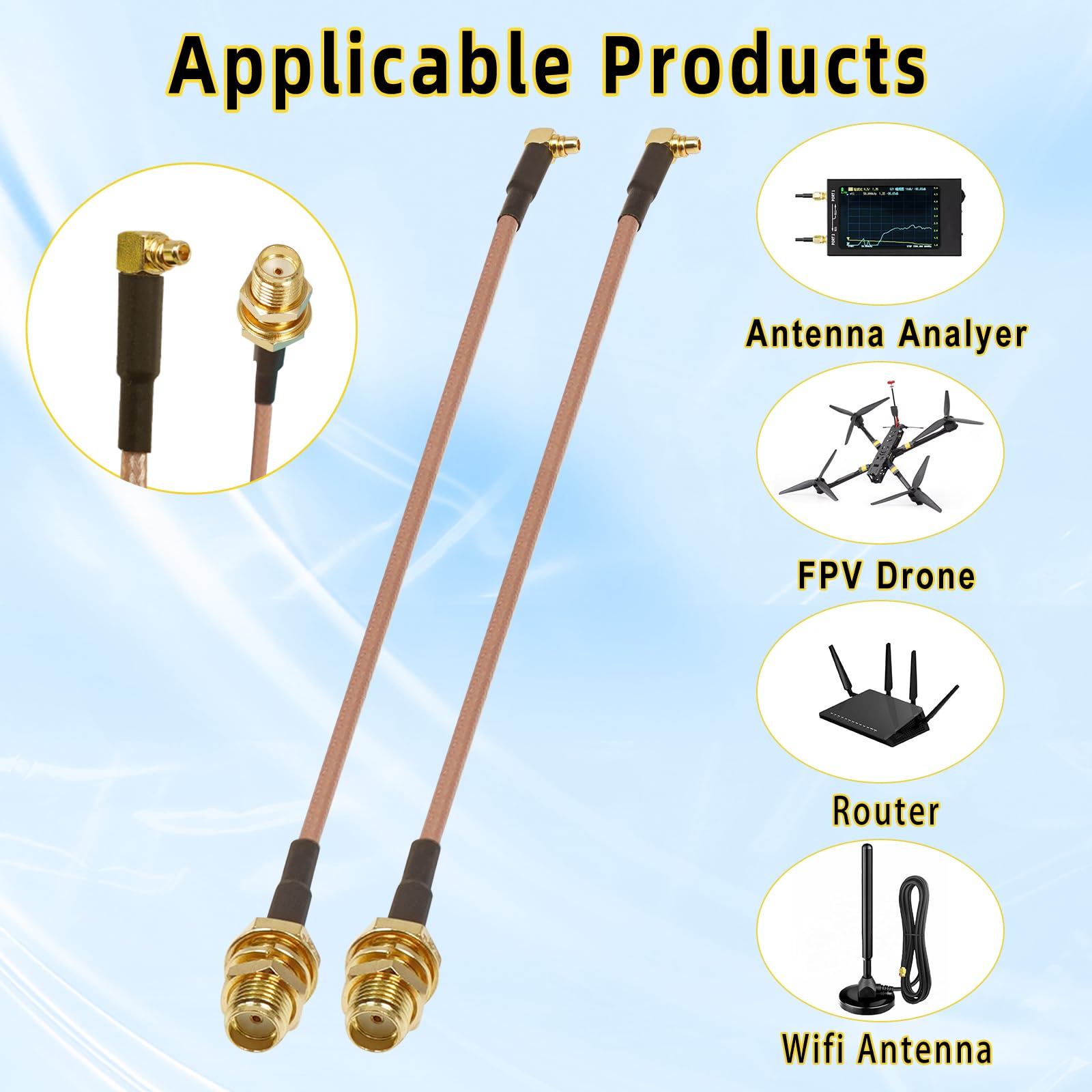 Kabel antenowy MMCX SMA Pigtail, kątowy kabel koncentryczny MMCX męski do żeńskiego SMA, RG316 Low Loss 6 cali (15 cm) 90 stopni MMC X do SM A, przedłużacz do radia CB, drona FPV, routera