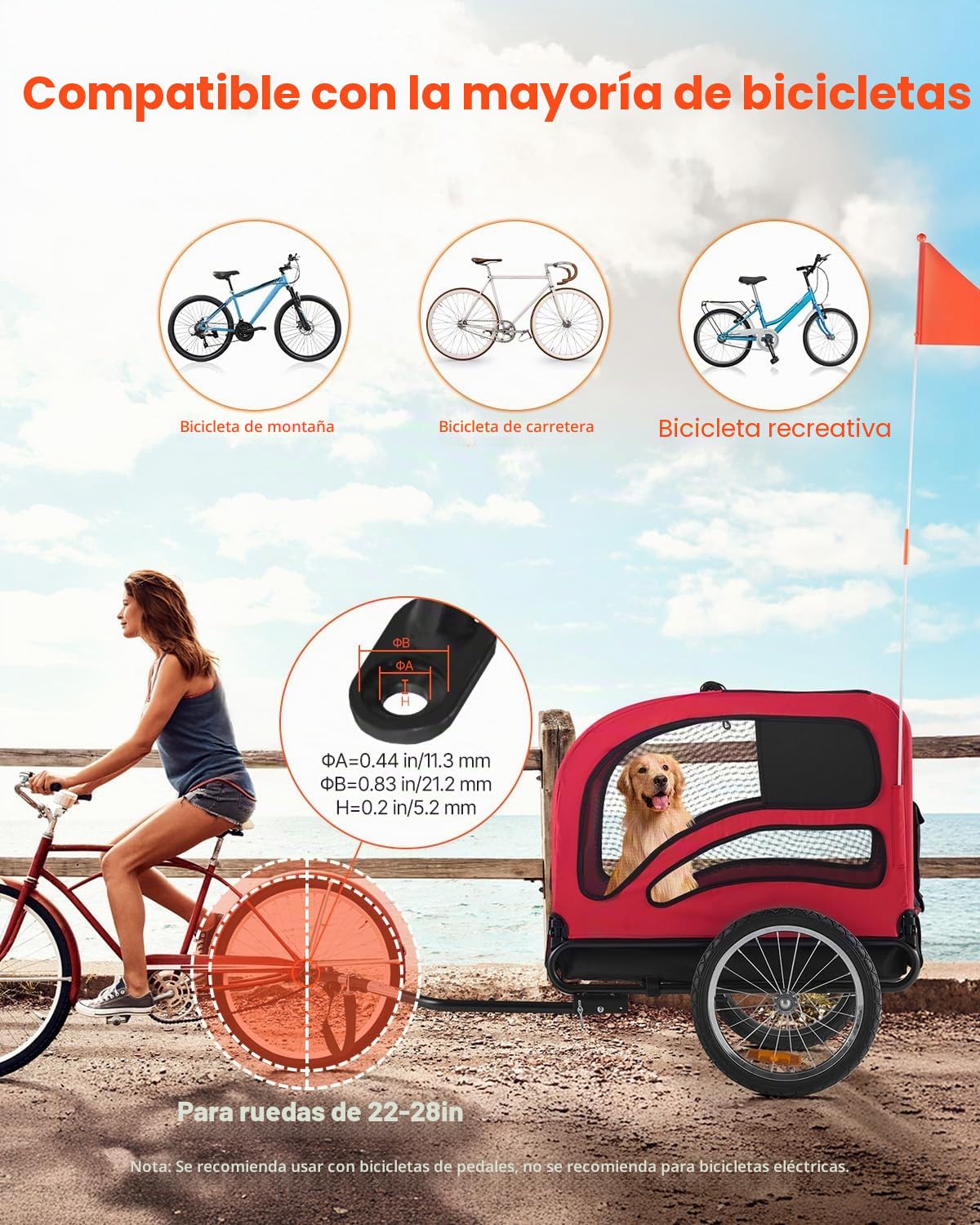VEVOR Remolque de Bicicleta para Perros, Carga de 45 kg, Portabicicletas Plegable para Perros Pequeños/Grandes con Rueda de Liberación Rápida, Enganche Universal, Reflector, Bandera y Correa Interior