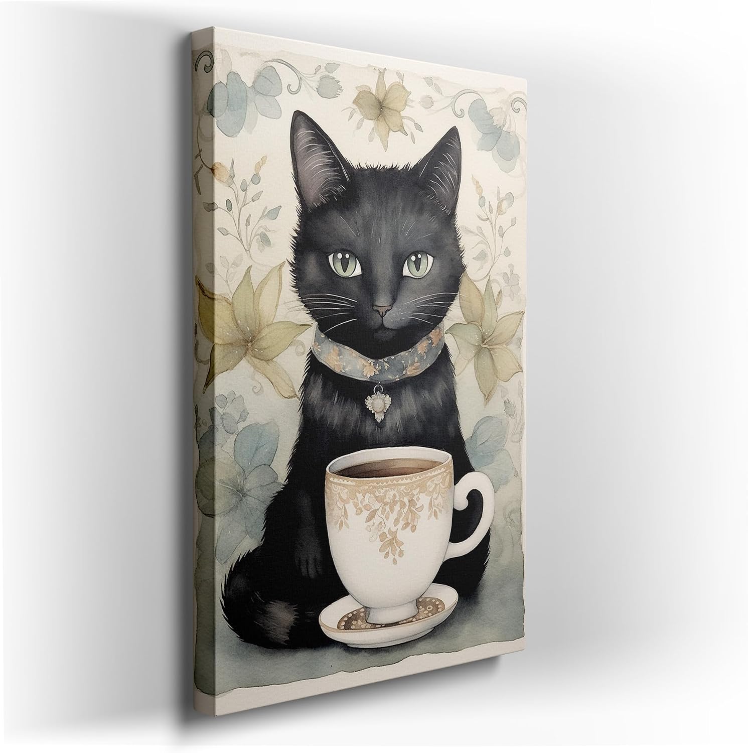 Canvas for Living room. Whiskers and Warmth: A Cozy Tableau of Feline Elegance and Steaming Beverages, 27 x 18 inch Canvas Wall Art - Ready to Hang - 69x46 cm (27x18 inch)