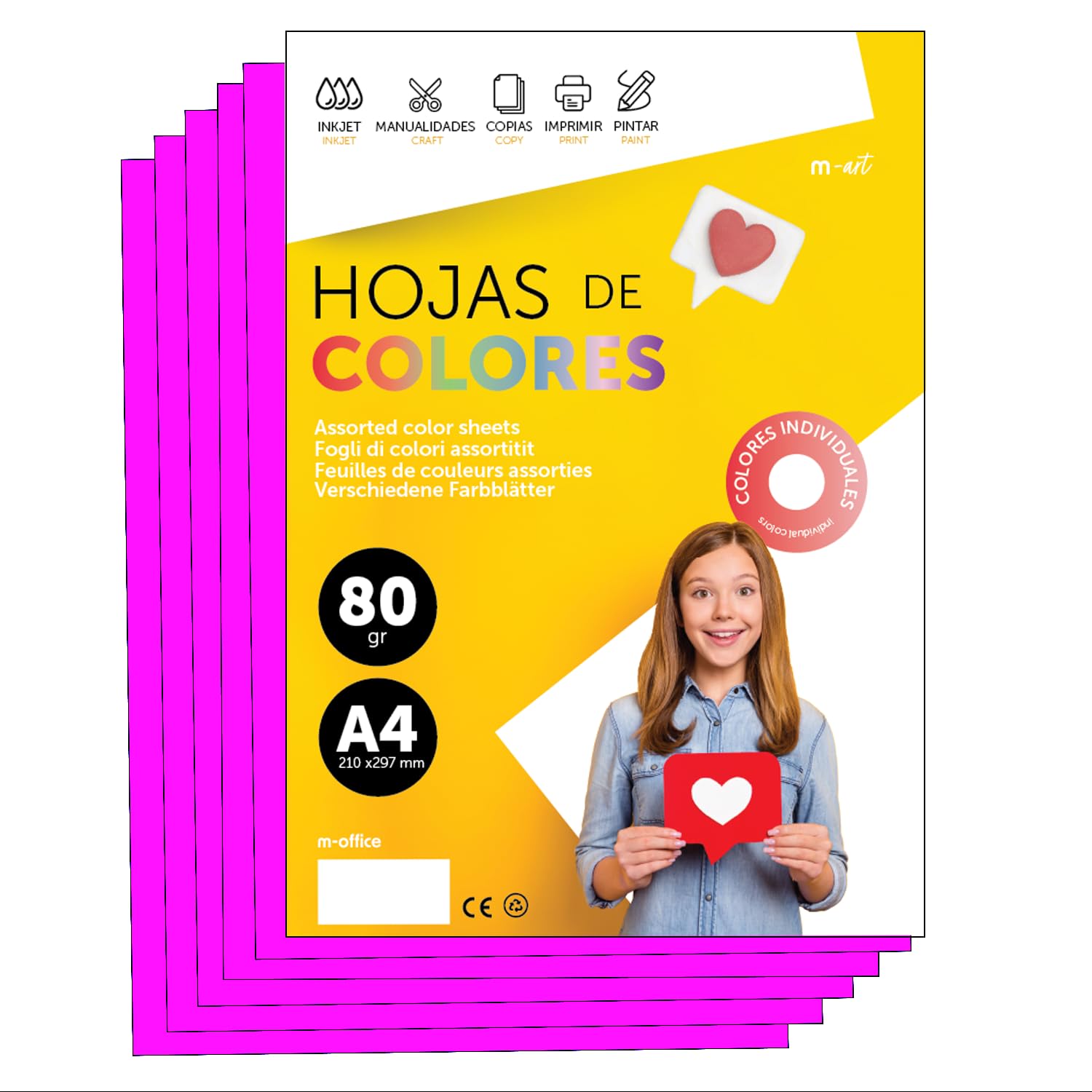 A4 Color Paper - 80g A4 Sheets for Inkjet and Laser Printers, Ream Paper for Crafts, DIY and Decoration m-Office (250 Sheets, Neon Pink)