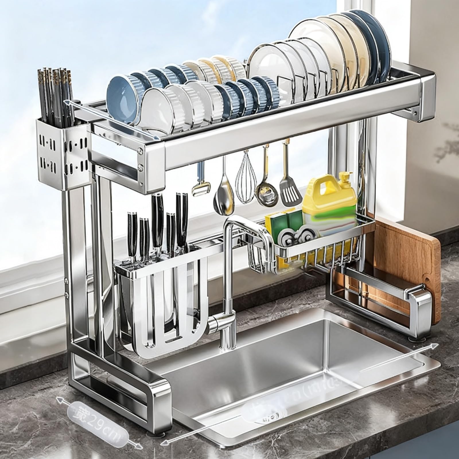 Scolapiatti multifunzione in acciaio inossidabile 304, design ampio, grande capacità per ciotole e piatti da cucina (strato singolo, 67 cm)