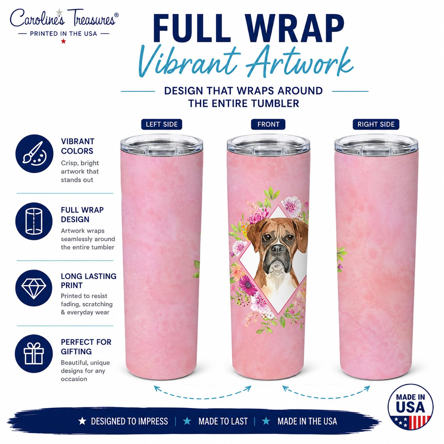 Caroline's Treasures CK4255TBL20 Thermobecher aus Edelstahl, Motiv: Boxer, rosa Blumen, 590 ml, schmaler Vakuumbecher, doppelwandig, wiederverwendbar, isoliert, Reisebecher für Kaffee, Cocktails