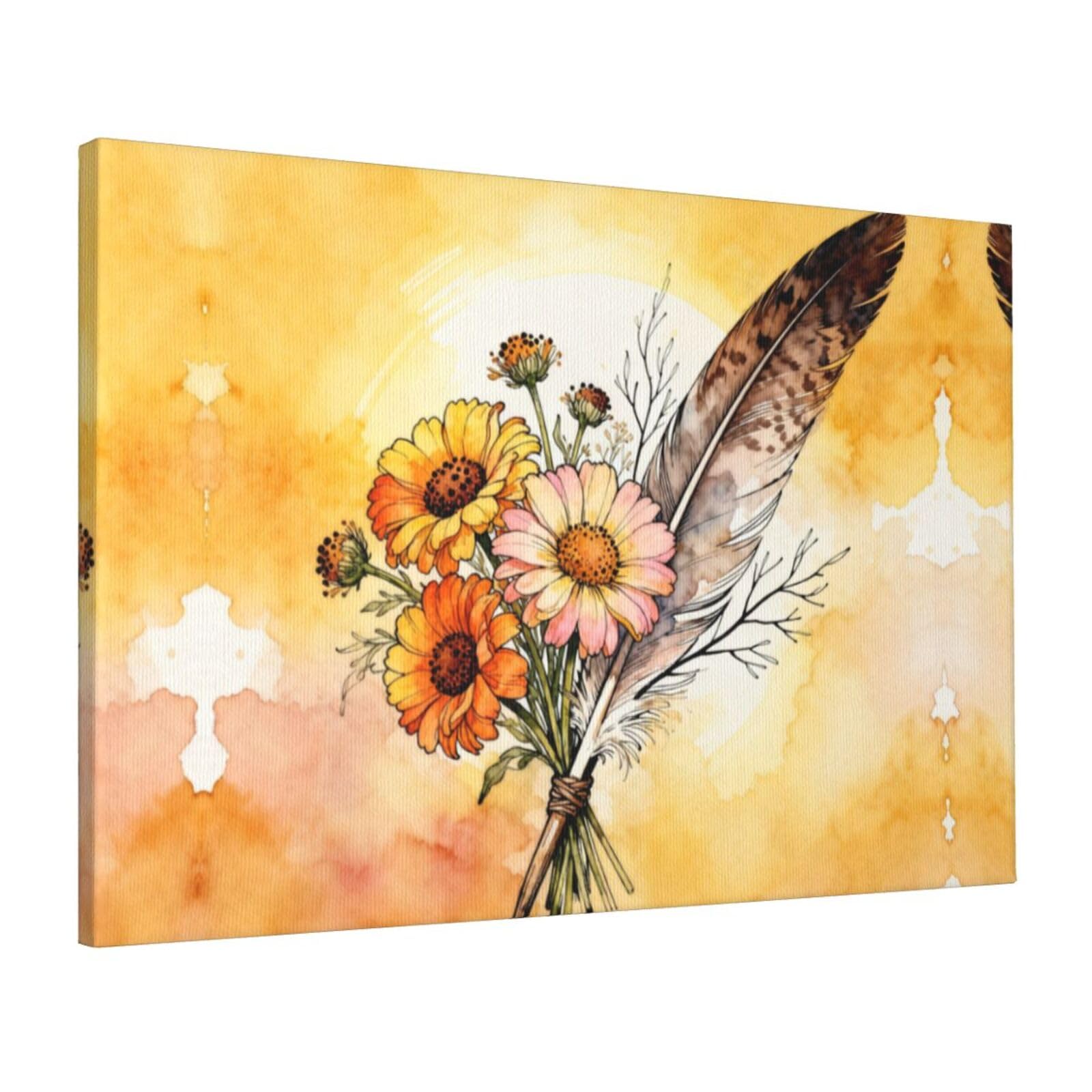 CNTDBU Flowers and Feathers Canvas Wall Art 16x24 Inch-Large Modern Painting Print for Living Room, Framed Ready to Hang Artwork for Bedroom