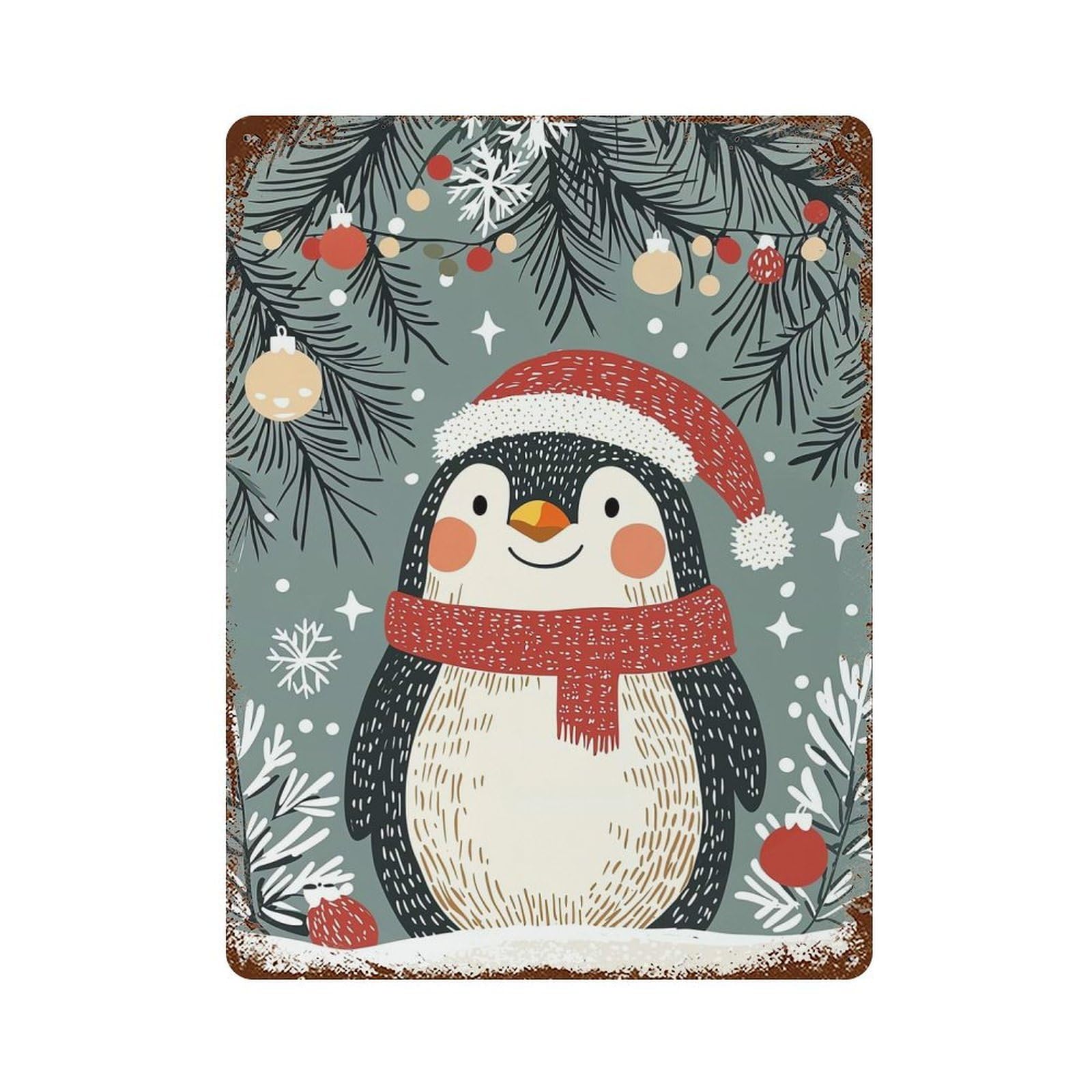 Christmas Penguin Illustration Decorative Tin Sign 15.7"x11.8", Retro Wall Decor for Living Room, Hallway And Home Decor