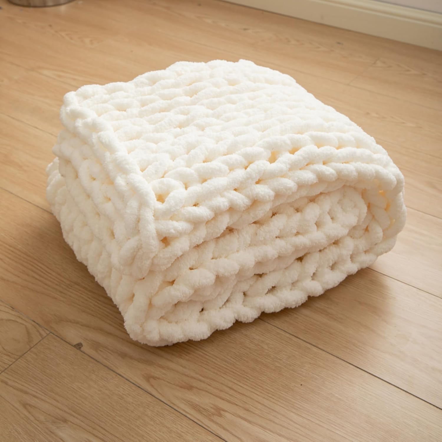 Luxury Chunky Knit Blanket Throw, Handmade Thick Chenille Yarn Throw 40"x40", Cream Cable Knit Crochet Blanket, Decorative Cozy and Soft Crochet Throw Blanket for Couch Home Decor - Image 6