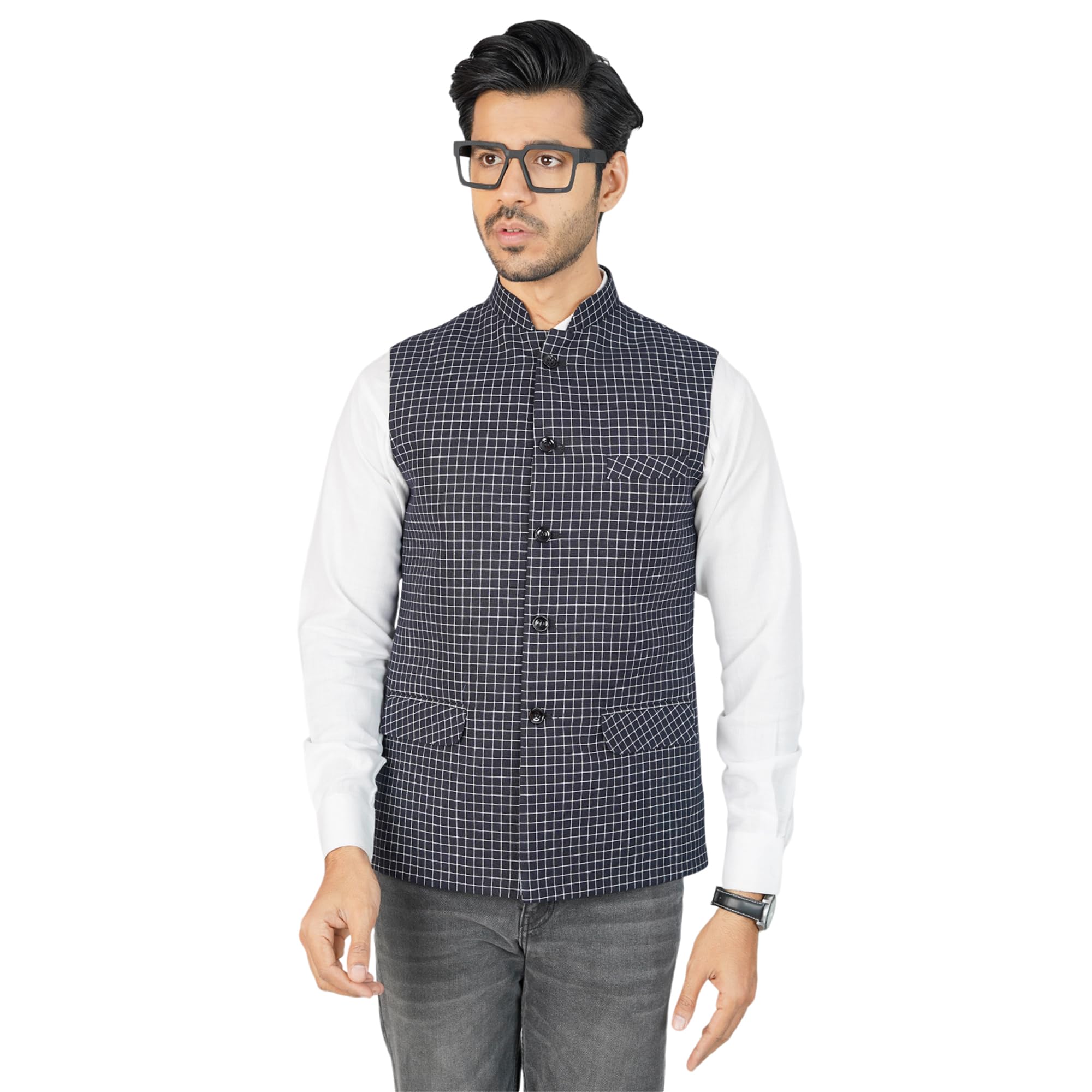 wintage Men's 100% Cotton Check Black Nehru Jacket-picture-46