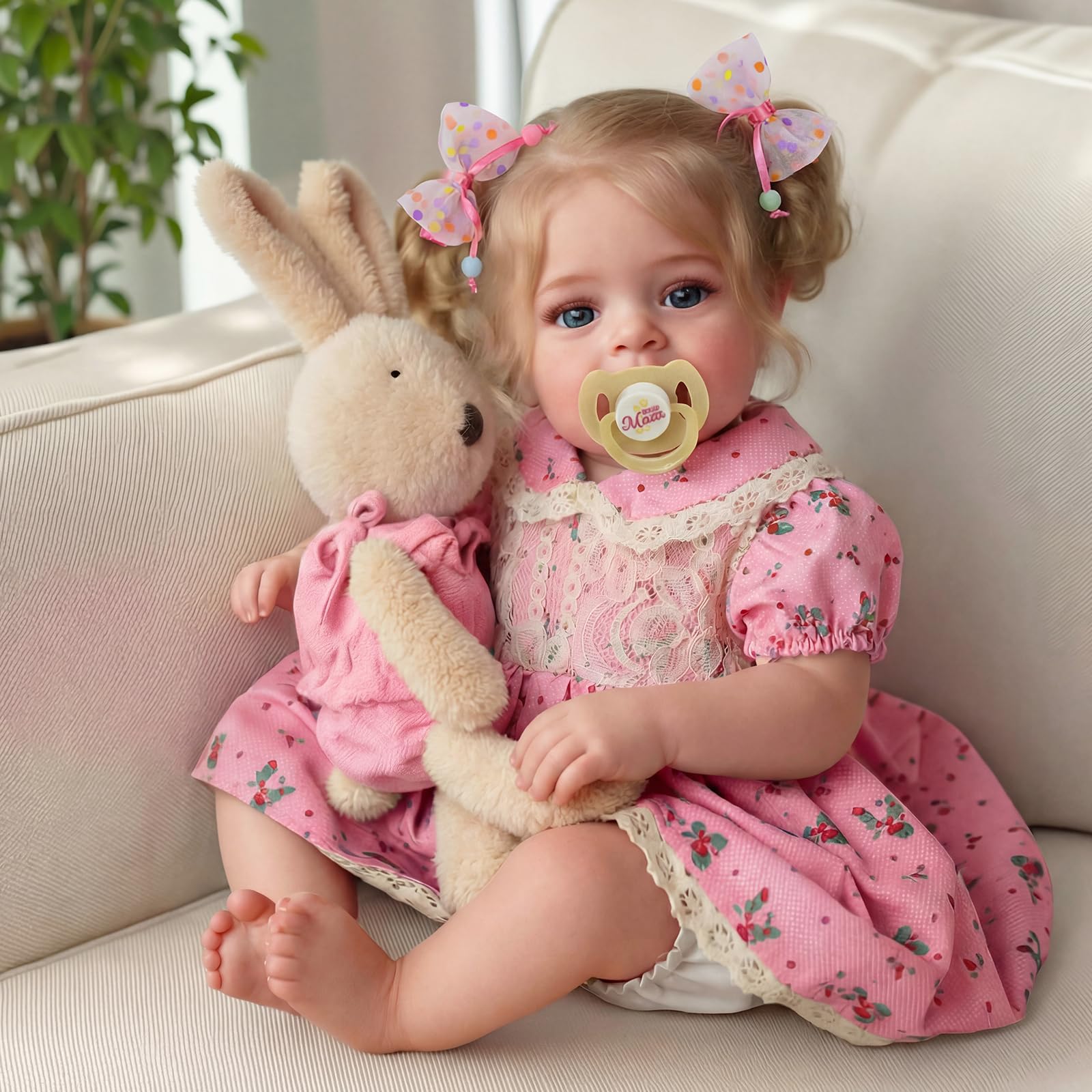BABESIDE Realistische Babypuppen echte Reborn-Babypuppen 45cm Lebensechte Mädchen Weicher Stoffkörper mit Langen Blonden Haaren, mit Kleidungszubehör für Kinder ab 3 Jahren,Rosa