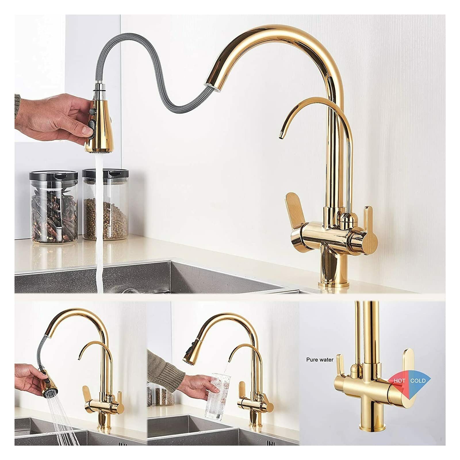 Goldener Küchenhahn mit Ausziehbrause, 360° drehbar, Doppelgriffe, Einloch-Kalt- und Warmwasseranschluss, intelligenter Wasserhahn (Antikmessing)