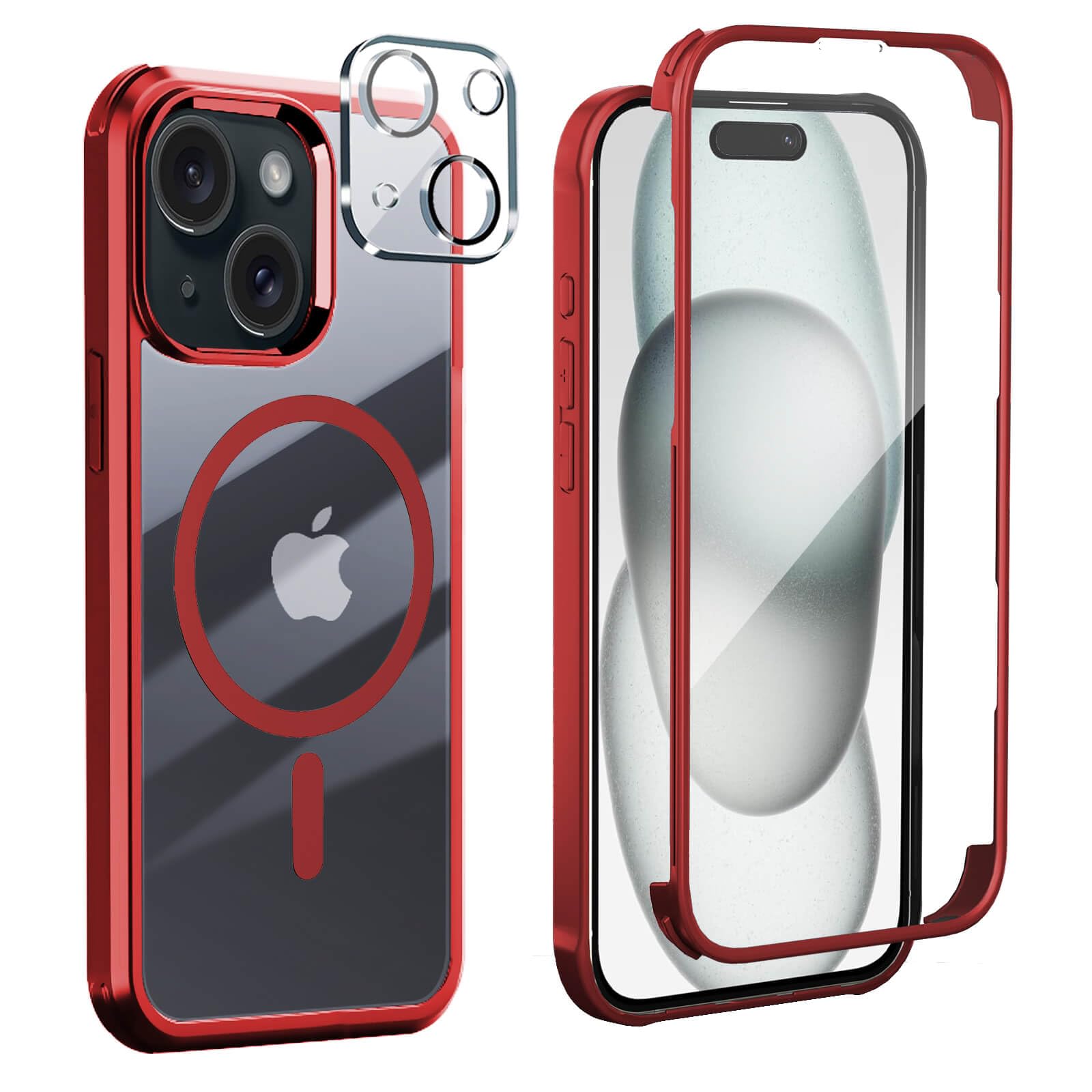 Case Compatible with Magsafe iPhone 15 with Built-in 360 Degree Tempered Glass Screen Protector, Full Body Protection Shockproof Transparent Case Cover for iPhone 15, 6.1 Inch Red