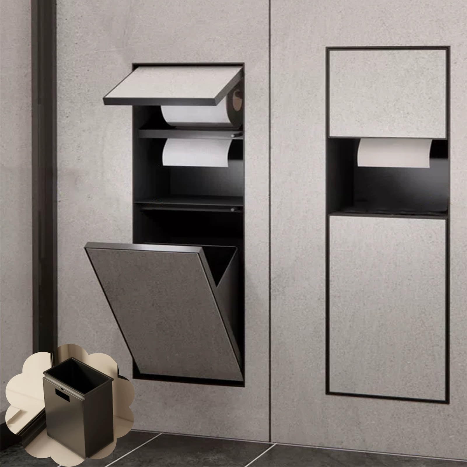 Toilet Paper Holder Inside Wall with Removable Trash Bin and Storage Shelf, Recessed Cabinet for Kitchen/Bathroom, Tileable Concealed Tissue Box