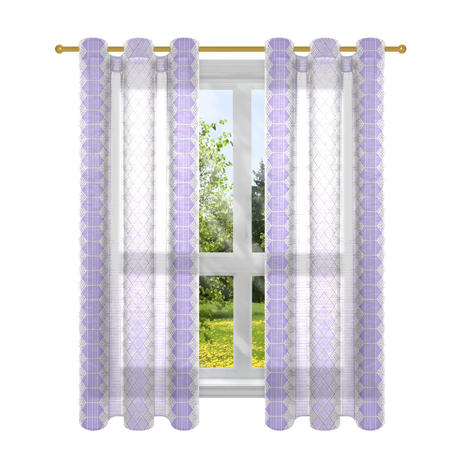Rideaux de cuisine occultants violets à rayures 160 cm | Lot de 2 panneaux en dentelle