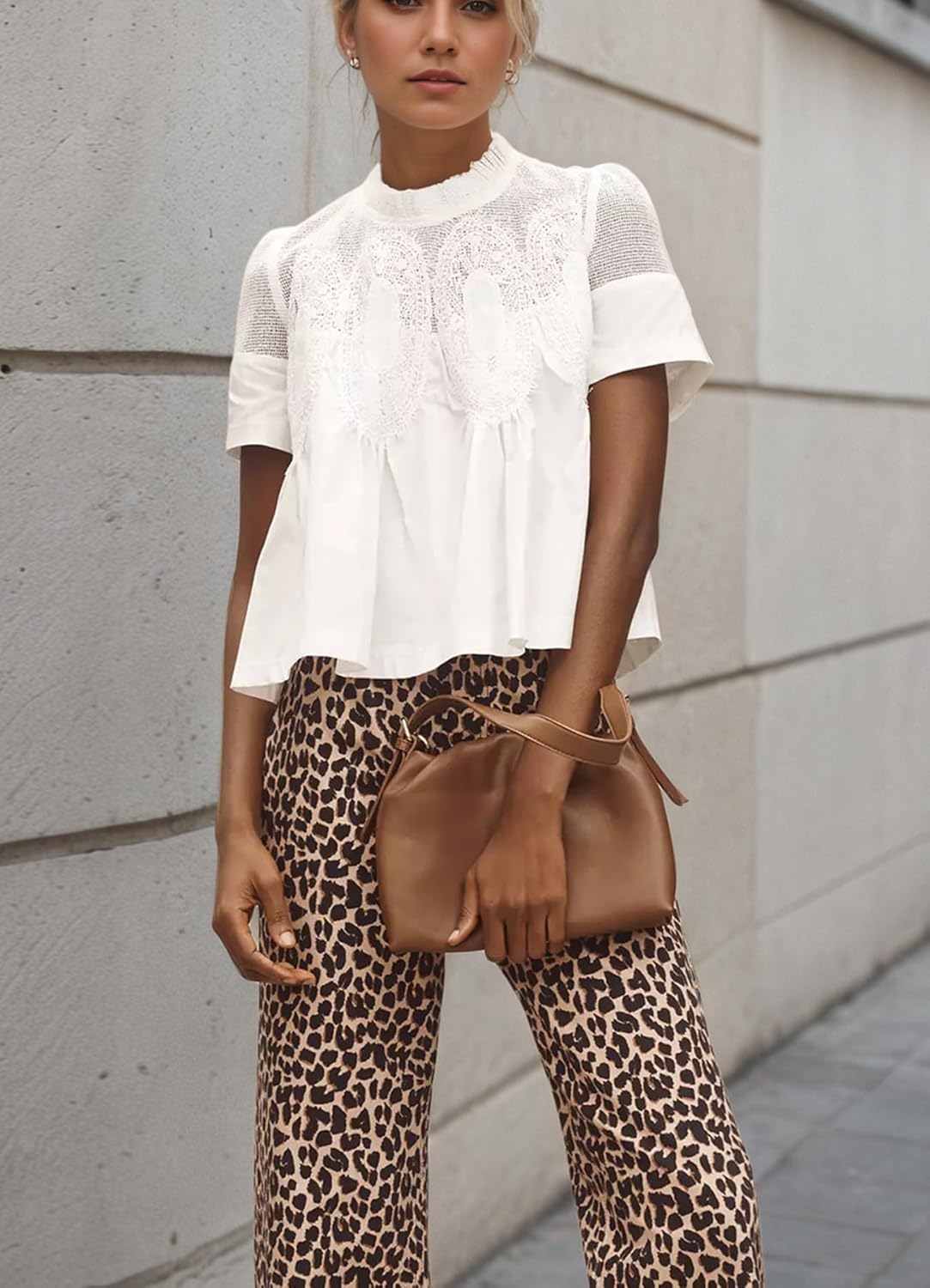 Women Lace Trim Blouse Mesh See Through Puff Short Sleeve Ruffle Pleated Shirts Mock Neck Summer Babydoll Tops - Image 2