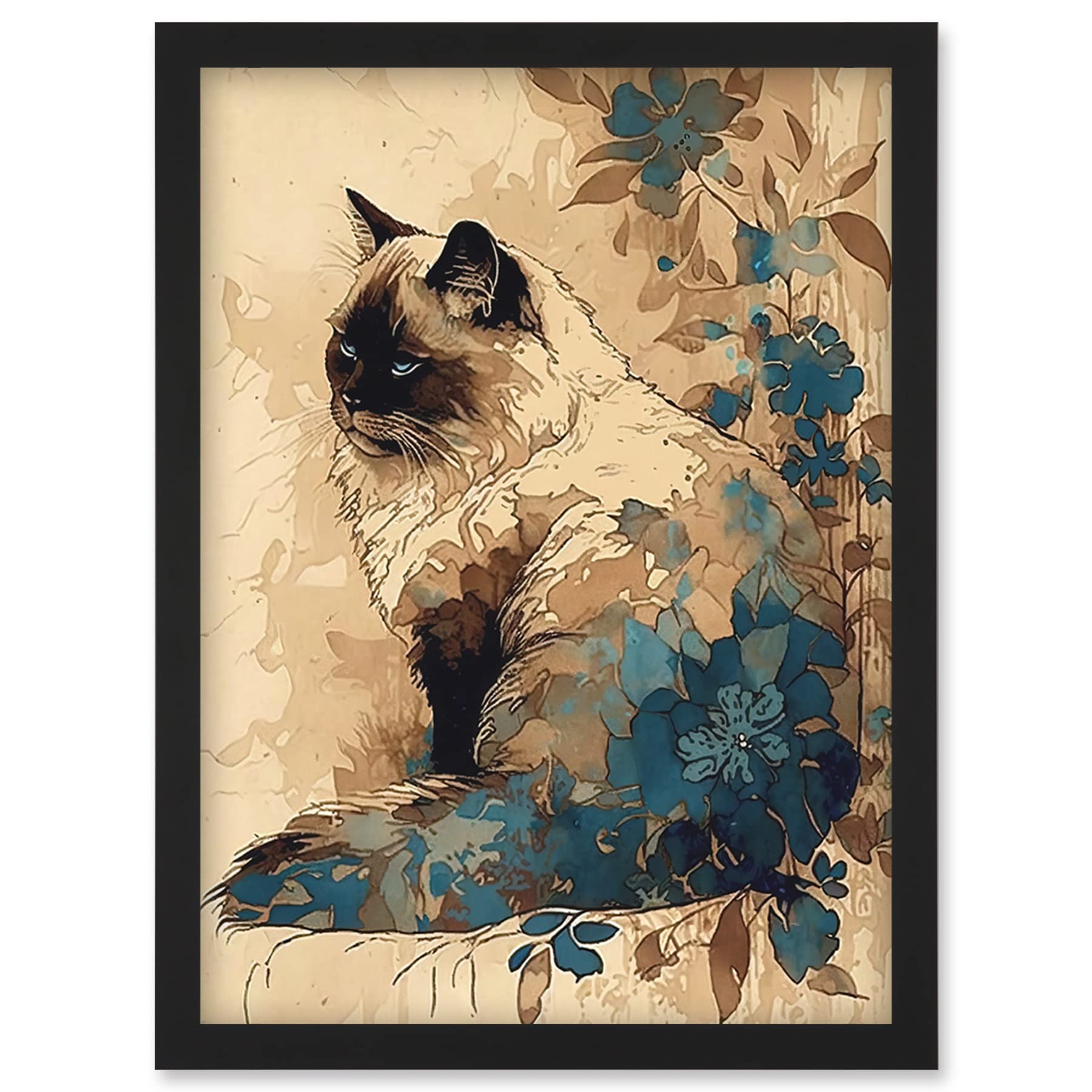 Artery8 Ragdoll Cat with Floral Patterns Watercolour Illustration Artwork Framed Wall Art Print A4