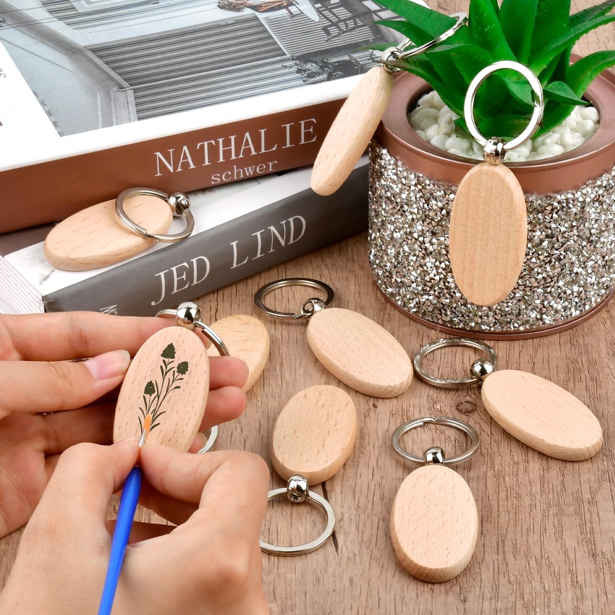 OTYMIOW 30PCS Oval Wooden Keychain Blanks Unfinished Wood Key Ring Key Tag Wood Engraving Blanks for DIY Crafts Gift Accessories - Image 4