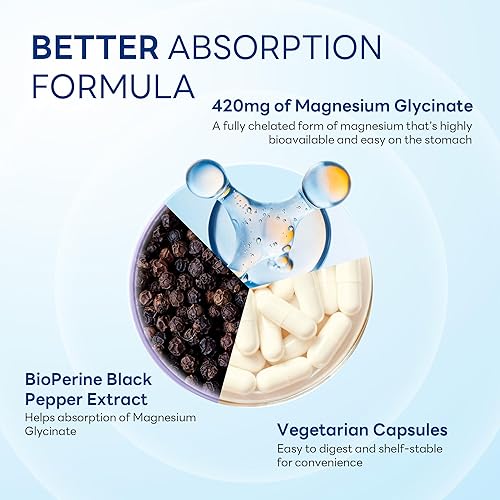 Miniatura 5 de Vitamin World Glicinato de magnesio de 420 mg con BioPerine, suplemento de magnesio quelado de alta absorción para relajación, corazón, músculo,
