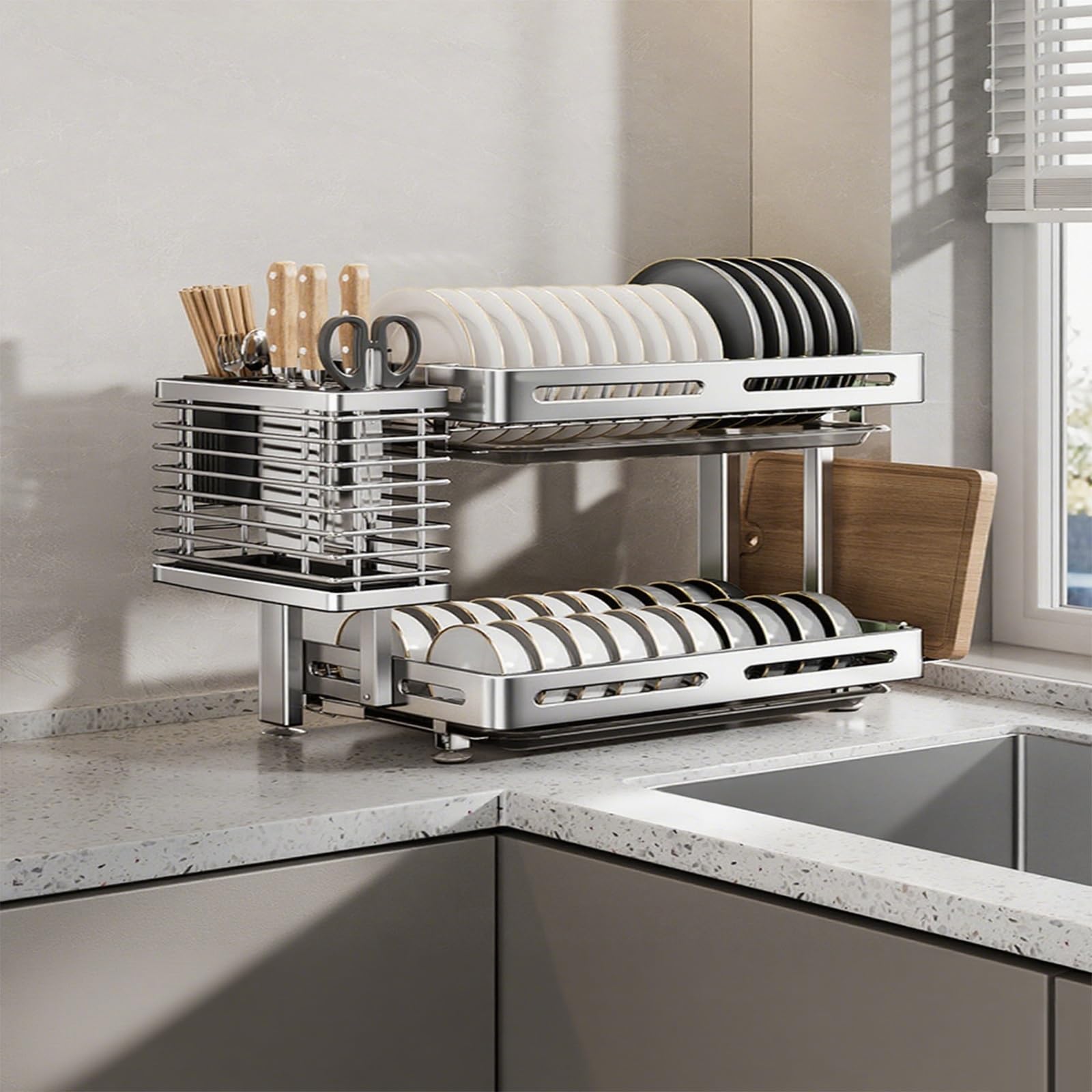 inless - Scolapiatti a 2/3 ripiani in acciaio con supporto pieghevole per tagliere, salvaspazio, 43 cm / 17in, funzionale per un'asciugatura efficiente