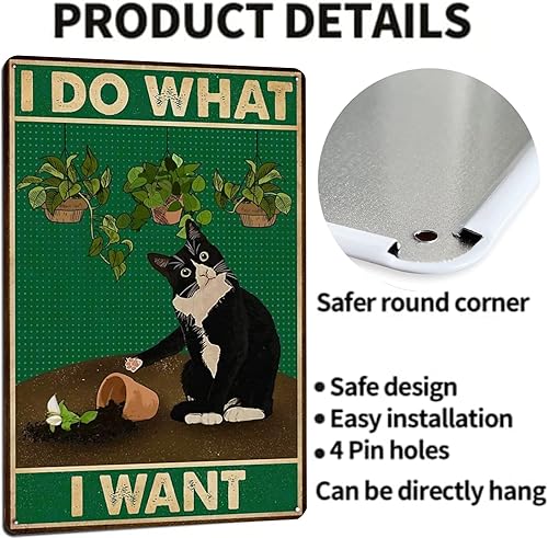Miniatura 6 de KONMPFEY Cartel de metal divertido para los amantes de los gatos póster de pared con texto en inglés I Do What I Want Art decoración de gato para