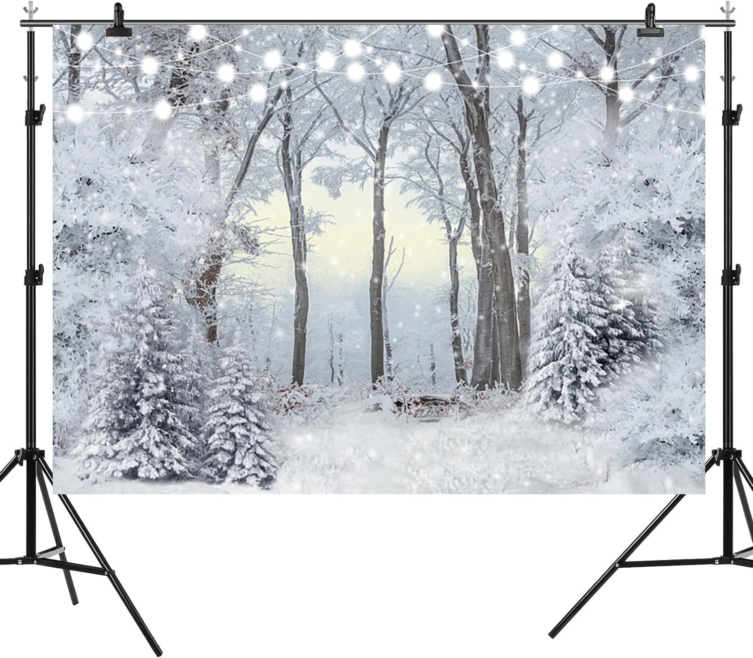 Toile de fond de Noël paysage enneigé pour photographie, fond blanc, sapin enneigé, flocon de neige, bannière à paillettes, décoration de Noël, Nouvel An, vacances, fête, accessoire de