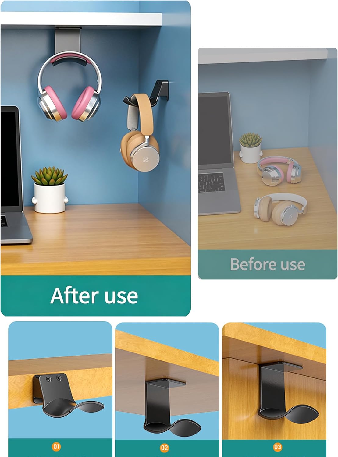 2-Pack Under Desk Headphone Hanger Adhesive Headset Holder Mount image 5