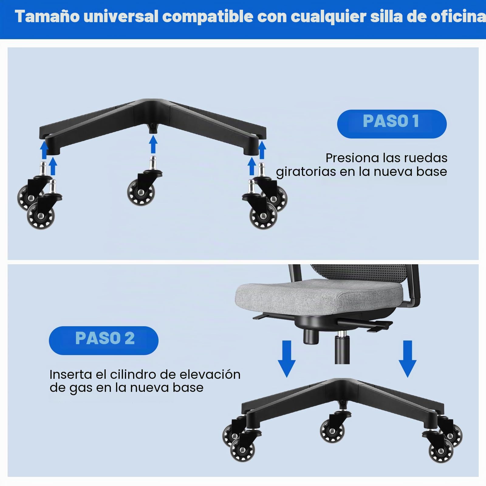 DAJAVE Silla de oficina con pie en cruz, 200 kg, con base en cruz, 70 cm de diámetro, universal, para ruedas de 11 mm x 22 mm y muelle de gas de 50 mm, duradera, estable, base de metal negro