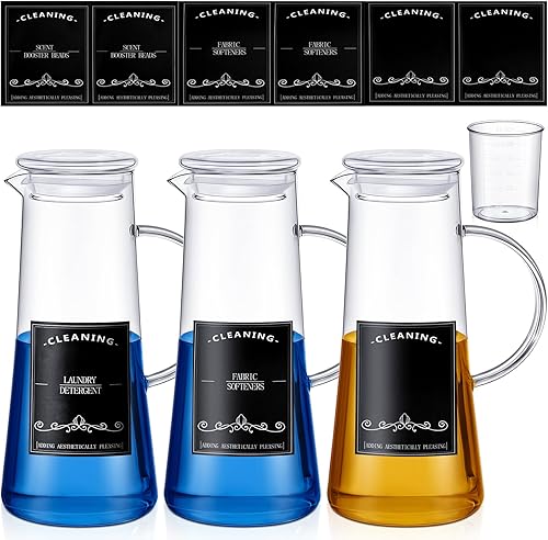 Maxcheck Dispensador de detergente de vidrio para ropa sucia, 3 unidades, 50 onzas con tapas y asas de vidrio, dispensador de suavizante de tela con