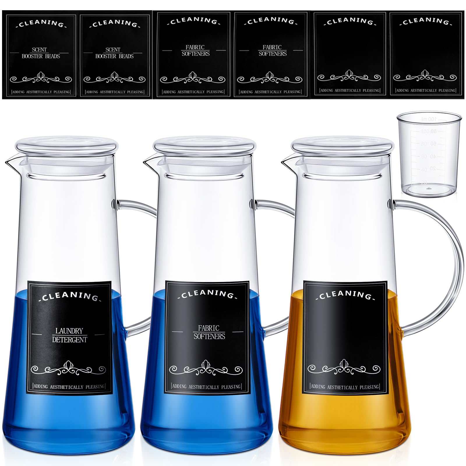 Maxcheck 3 dispensadores de detergente de vidrio para ropa de 50 onzas con tapas de vidrio y asas, dispensador suavizante de tela con etiqueta y taza de conteo para lavandería, detergente de tela