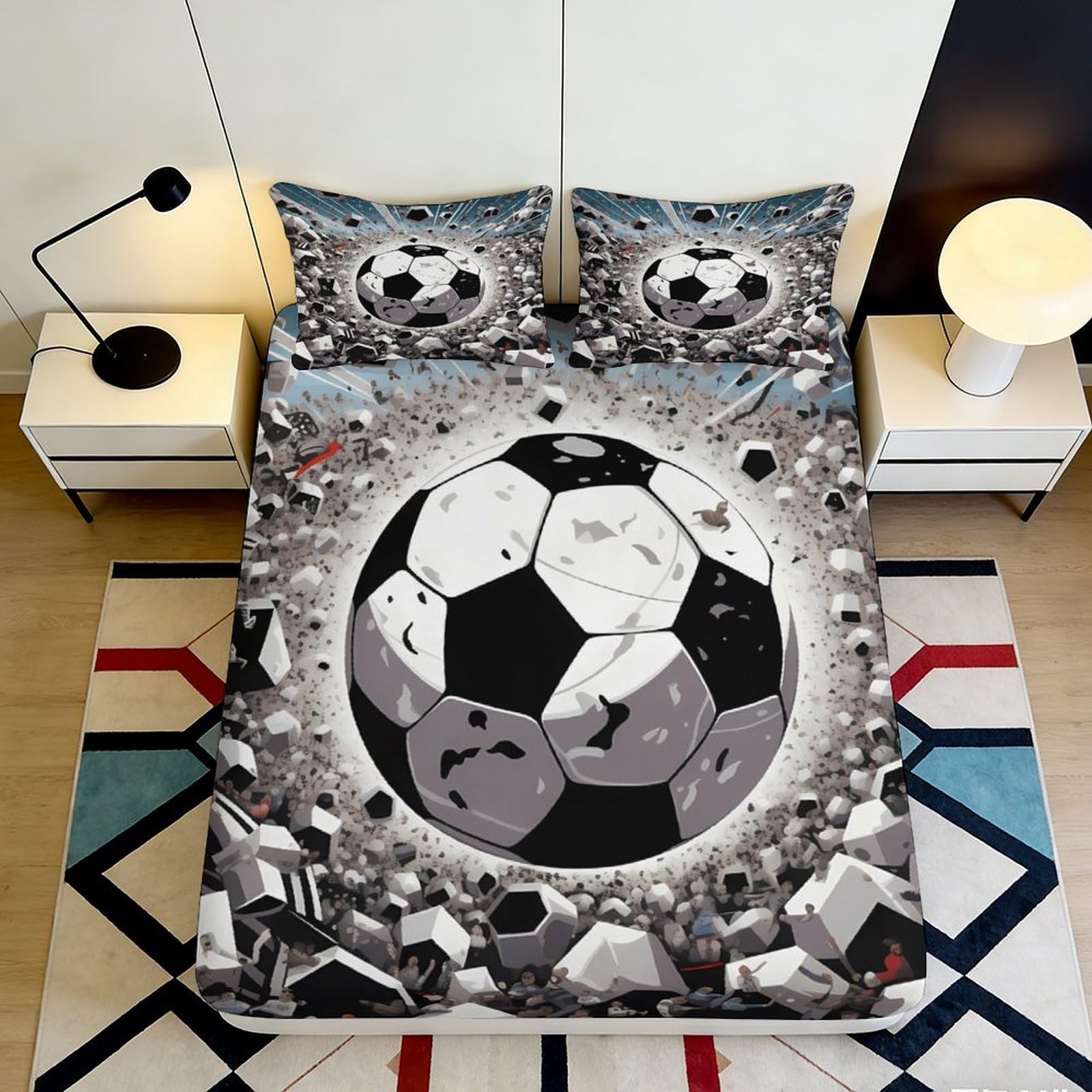 3D Printed Football Explosion Fitted Sheet Microfiber Black White Soccer Pattern Mattress Cover for Bedroom Guest Bed 90x200x25cm