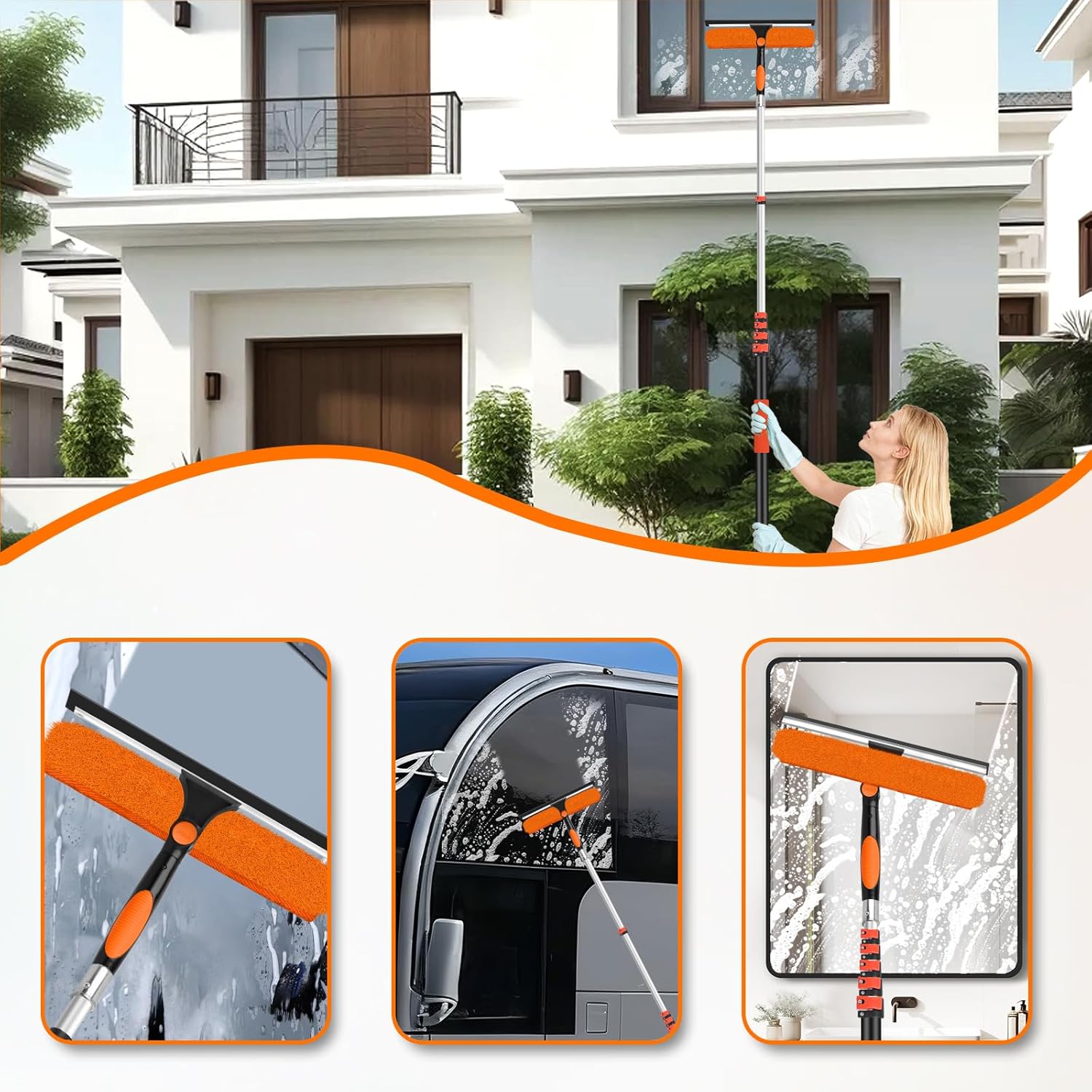 30FT Telescoping Window Cleaning Kit with 14" Squeegee - 2-in-1 Professional Window Scrubber & Extension Pole - Extra Long High-Reach Glass Cleaner Tool for Indoor & Outdoor High Windows, RV