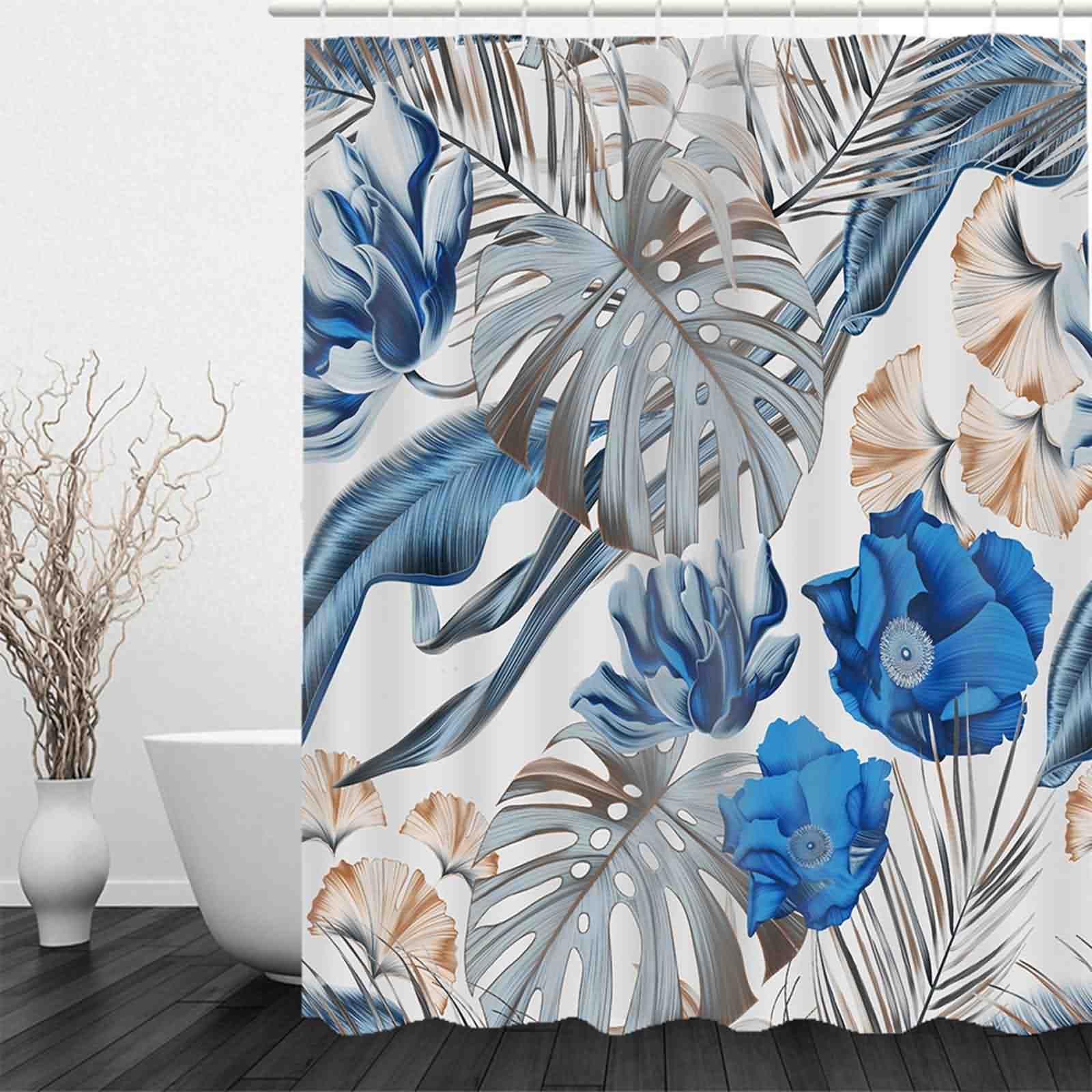 Rideau Douche Tissu Imperméable Occultant Salle Bain Fenetre Fleurs Herbe Feuilles Extensible Rideaux Long Polyester Écologique, Non Toxique Inodore 220x180cm