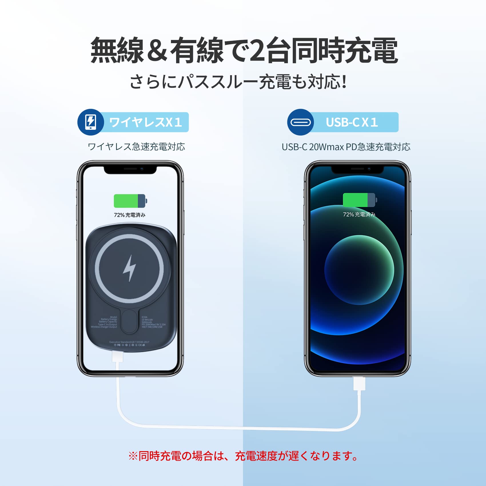 Amazon | モバイルバッテリー マグネット式 5000mAh MagSafe対応