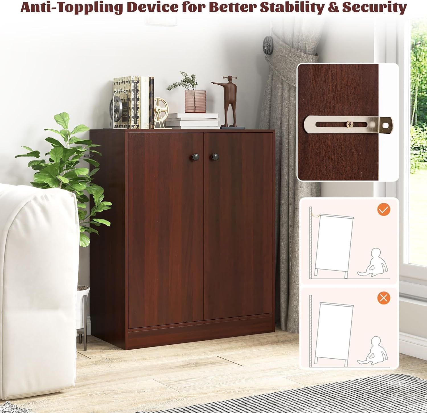 GOFLAME Floor Storage Cabinet with 2 Doors, Freestanding Storage Cabinet with 3-Tier Storage Shelf, Modern Buffet Cabinet for Living Room Dining Room Kitchen Entryway (Brown)