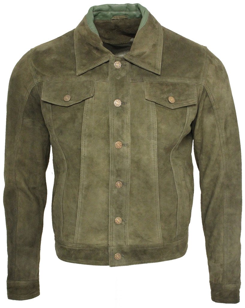 Infinity Leather Men's Green Goat Suede Leather Trucker Jacket-Taraz - Uk S | Eu 46 | Us 36