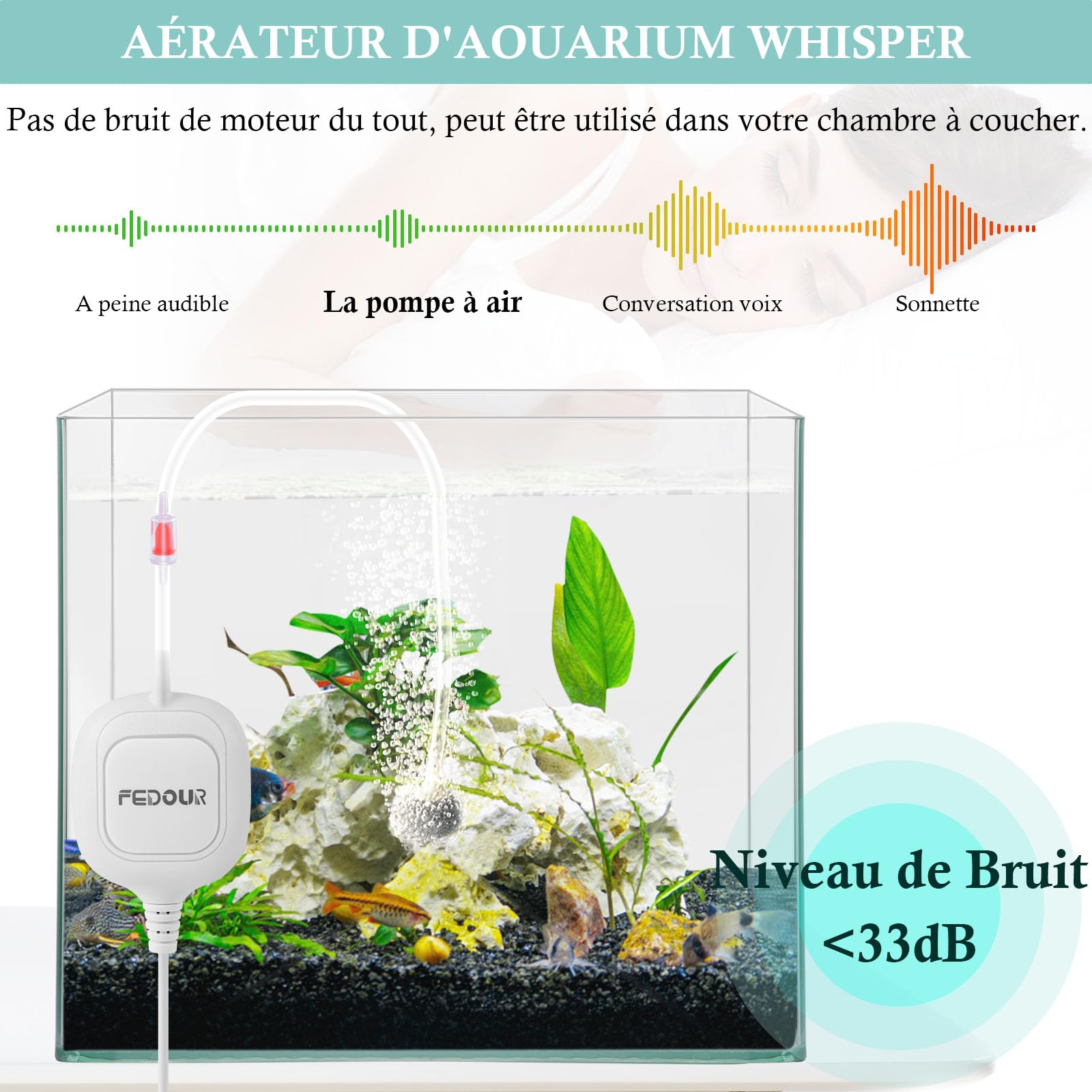 FEDOUR Mini Pompe à Air pour Aquarium, Nano Aérateur D'Aquarium Ultra Silencieux, Bulleur D'Aquarium pour Aquarium Betta Jusqu'à 35L, Bocal à Poissons