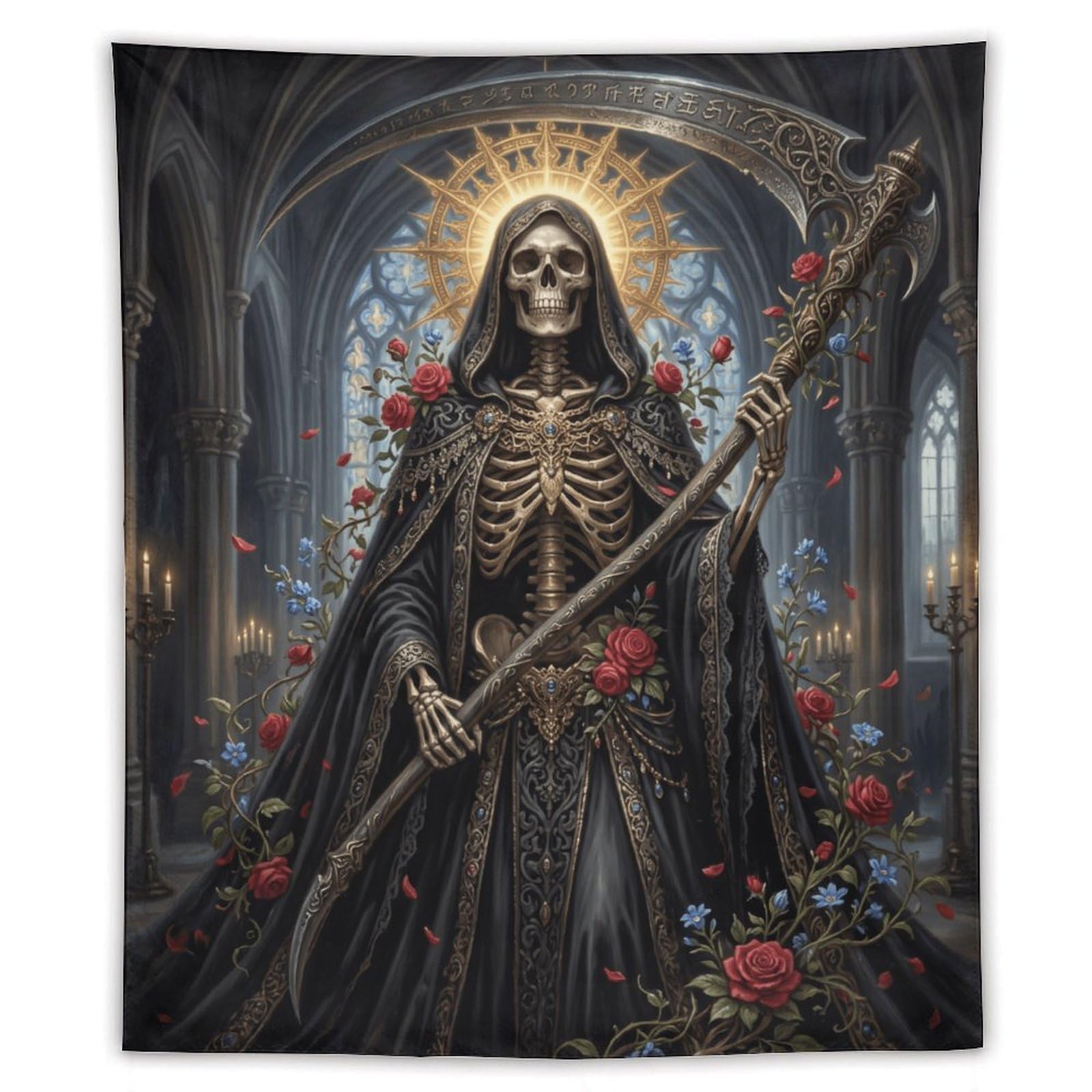 W7C8U2X3 Grim Reaper Gothic Roses Wall Tapestry, Dark Fantasy Illustration