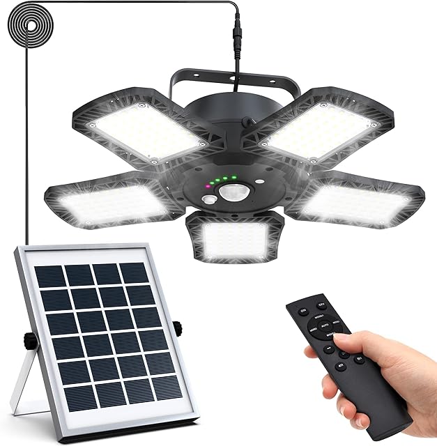 Solar Shed Lights Indoor Outdoor, 160LED 1200LM Solar Pendant Lights, 120° Adjustable Solar Motion Sensor Lights with Remote, IP65 Waterproof Solar Security Light for Garage Garden Gazebo Yard