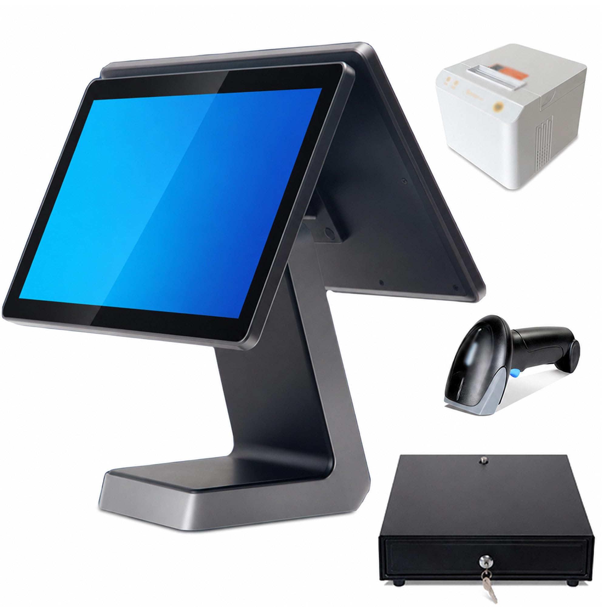 Postazione Cassa Supermercato con Stampante e Display Cliente SetB | Il Doppio Display Mantiene Visibili Prodotti, Prezzi e Transazioni e Aiuta a Tenere Ordinata l’Attrezzatura sul Bancone.