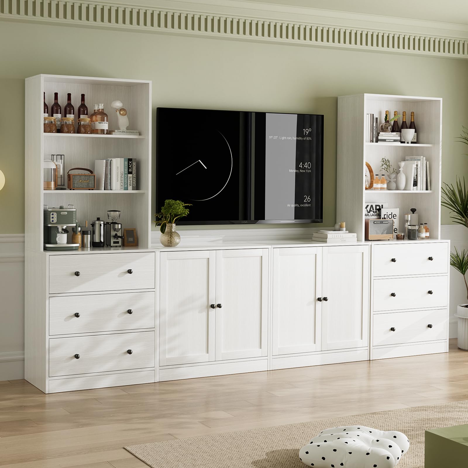 VOWNER Grande Mueble de TV para Televisores de hasta 70 Pulgadas, 280 x 180,3 x 40 cm, Mesa de TV, Módulo TV, Mueble de Salón Moderno con Cajones y Puertas de Cristal, 2A+2E (Blanco)