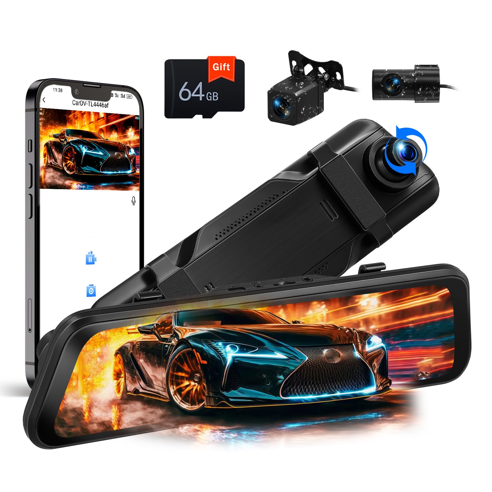 CAMECHO Mirror Dash Cam Schermo da 9.66 pollici 2K, Dashcam con TRE Telecamere: Anteriore/Interna/Posteriore -WiFi registrazione loop/sensore di gravità/assistenza al parcheggio
