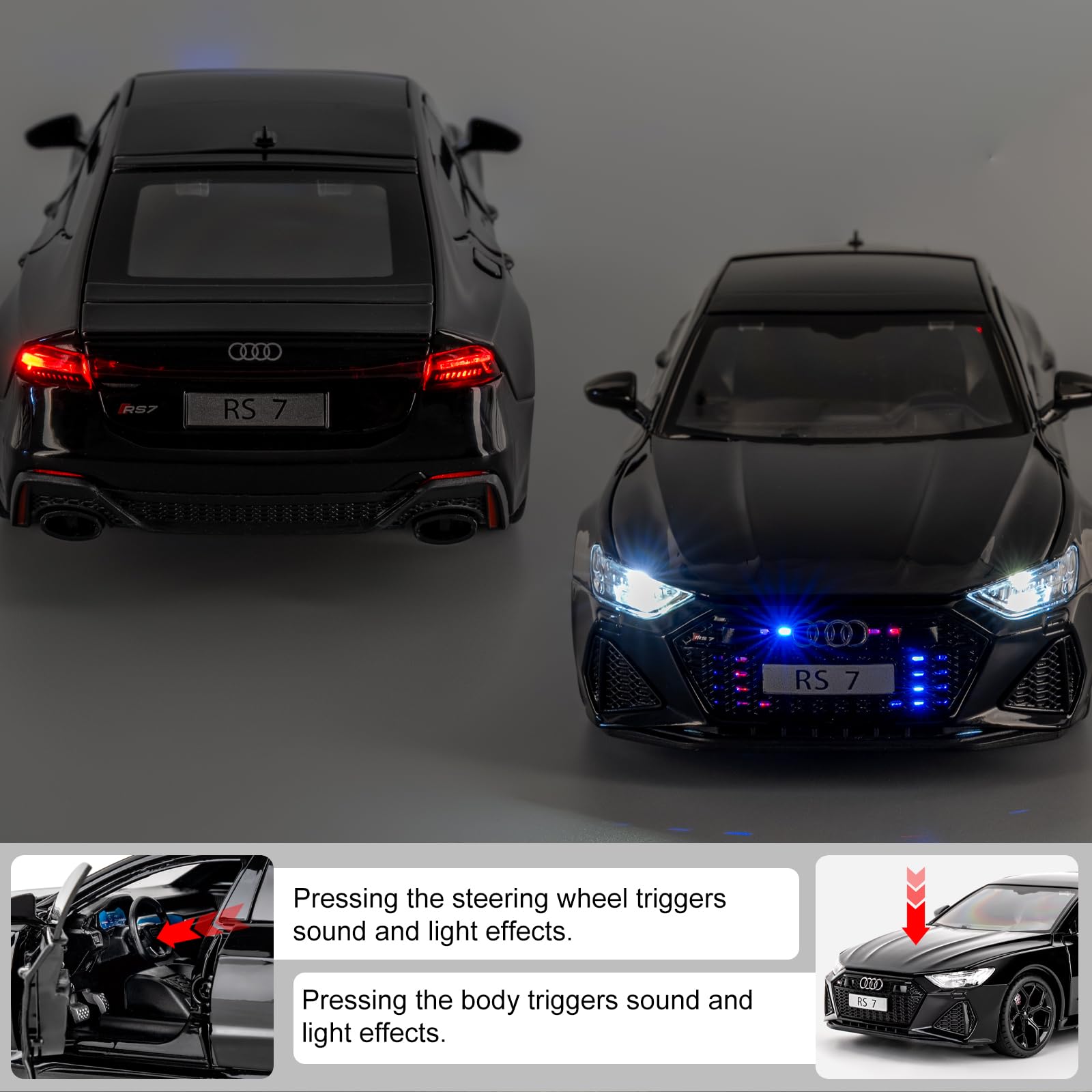 imtfzct 1/24 Supercar RS7 Black Warrior Modellauto, Sound- und Licht-Spielzeugauto mit Pullback-Funktion, Sammlermodell aus legiertem Stahl, Geschenk für Kinder