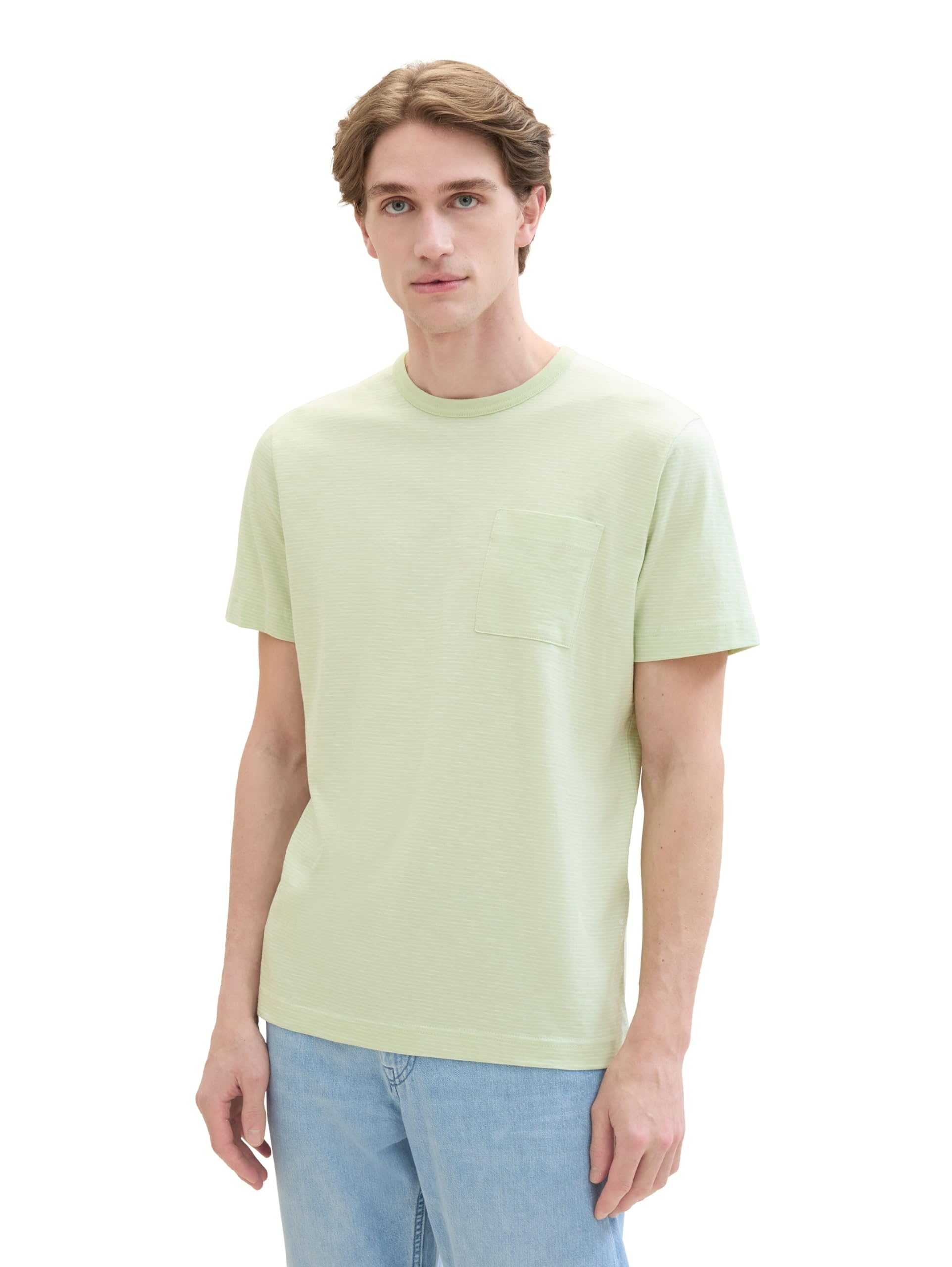 TOM TAILOR Men's Basic T-Shirt with Stripes and Chest Pocket, 35599 - Sea Green Fine Stripe, S