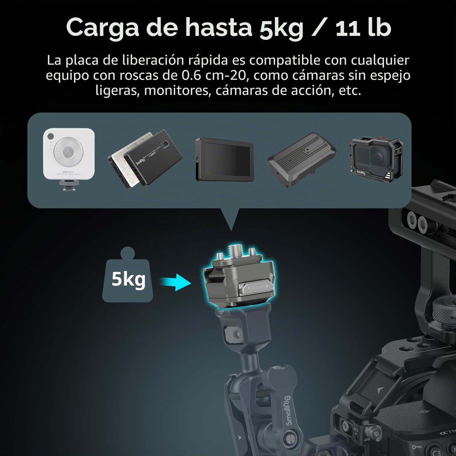 SMALLRIG HawkLock H21 Kit de Placa Montaje de Liberación Rápida, NATO Rail de Doble Dirección con Tornillo Antideflexión de 1/4"-20, Carga de hasta 5kg / 11lb para Cámaras, Monitores - 4491