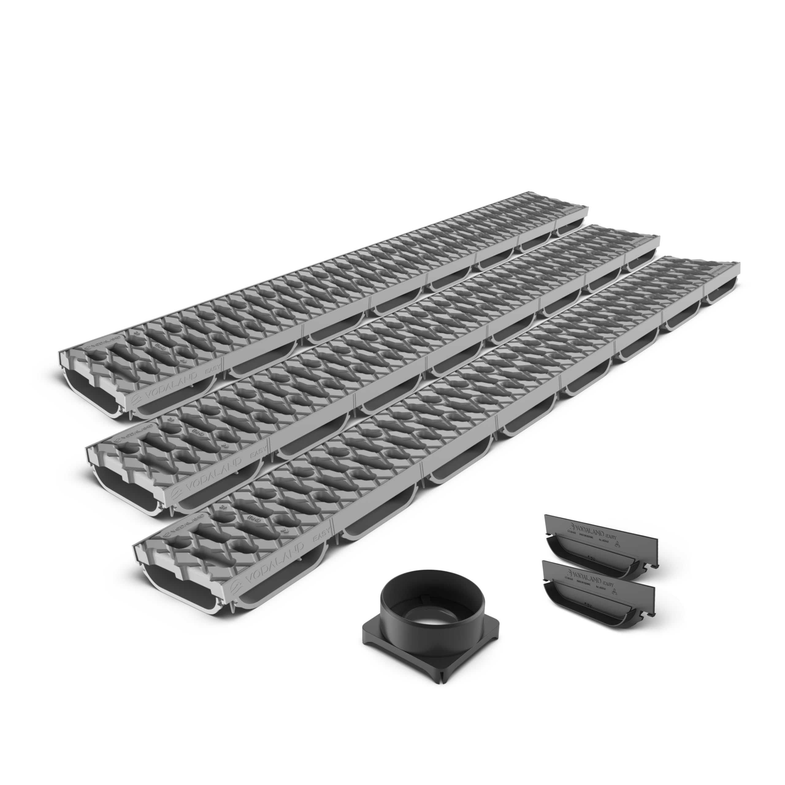 VODALAND EASY LOW – Canaleta de Drenaje con Rejilla de Plástico Gris | Perfil Bajo 40 mm | Clase A15 (hasta 1.500 kg) | Drenaje Discreto en Terrazas, Patios y Espacios Exteriores - Kit de 3 metros