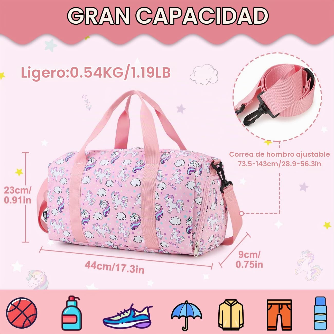Bolsa de Deporte para Niños, RAVUO Resistente al Agua Bolso de Viaje Weekender Bolso de Mano Bolso de Viaje para niños con Compartimento para Zapatos y Bolsillo para Mojado