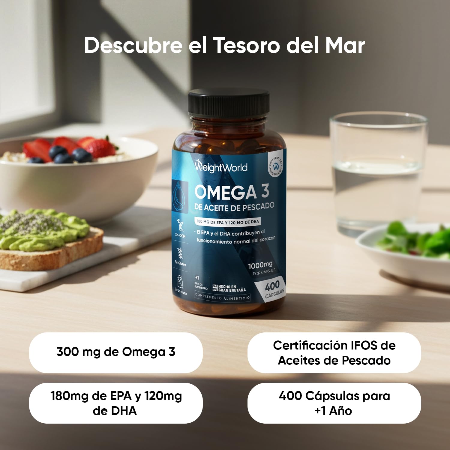 Omega 3 DHA y EPA 1000mg de Concentración 400 Cápsulas Blandas para Más de 1 Año - 180mg EPA + 120mg DHA, Contribuye al Funcionamiento Normal del Corazón (EFSA), Sin OGM ni Gluten